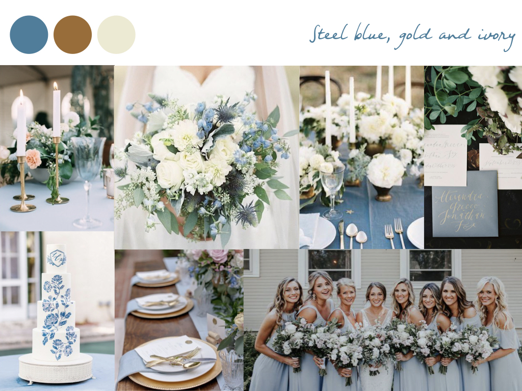 wedding decorative items with steel blue, gold, ivory colors