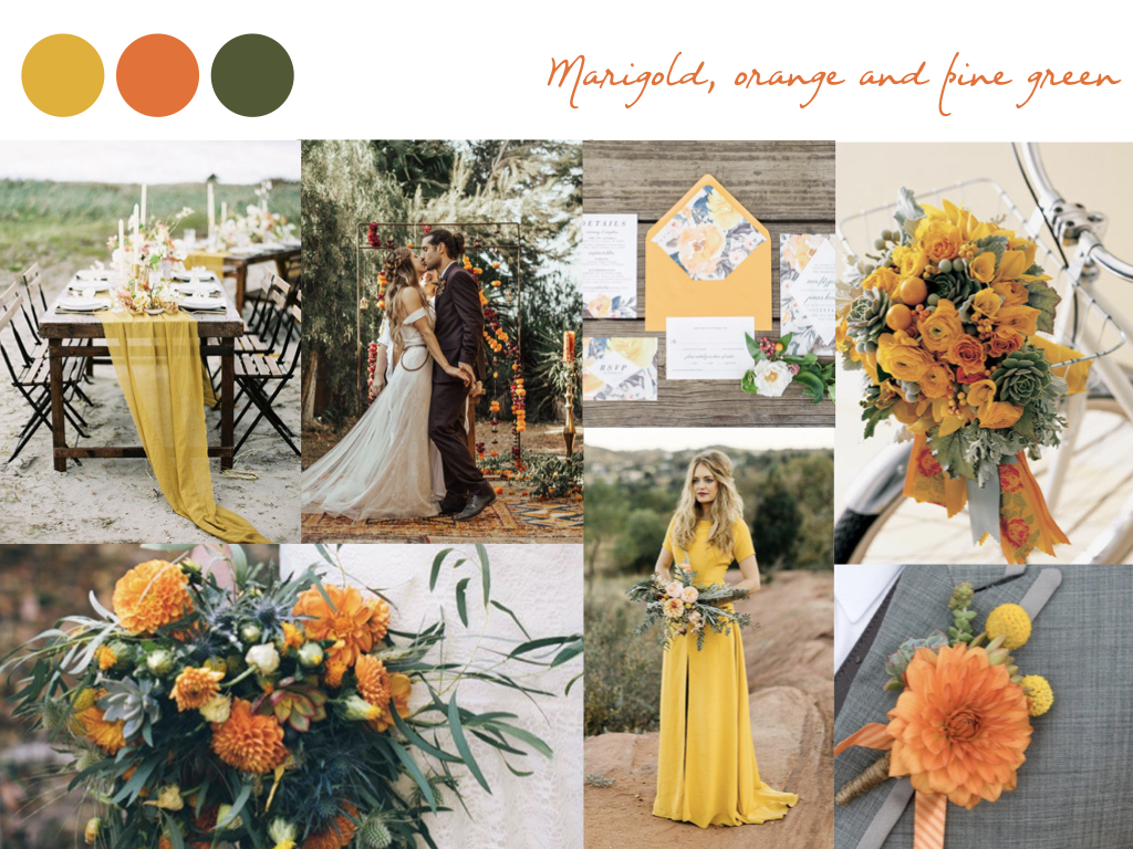 wedding decorative items with marigold, orange and pine green colors