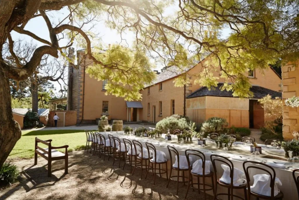 Long outdoor dining table set under a large tree beside a rustic estate building in warm sunlight