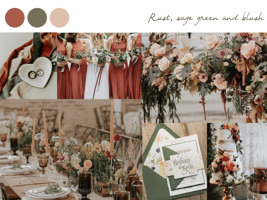 wedding decorative items with rust, sage green and blush colors