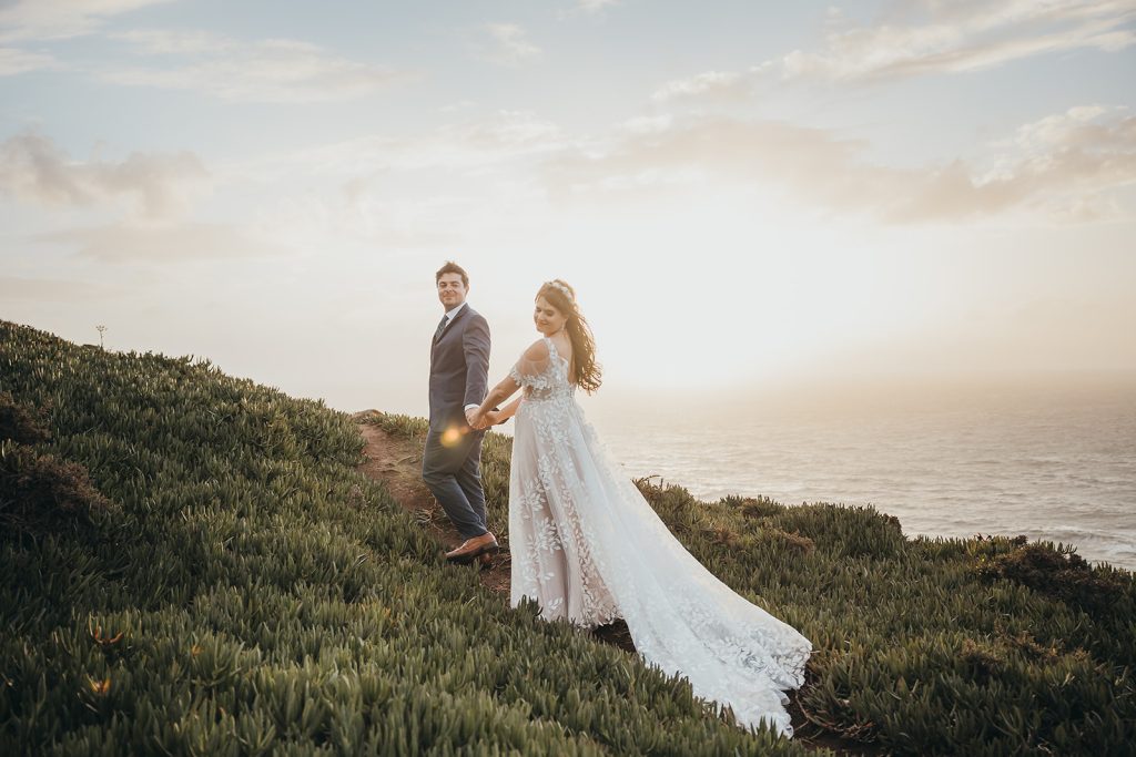 Frieda and Russel's destination wedding pose in Portugal