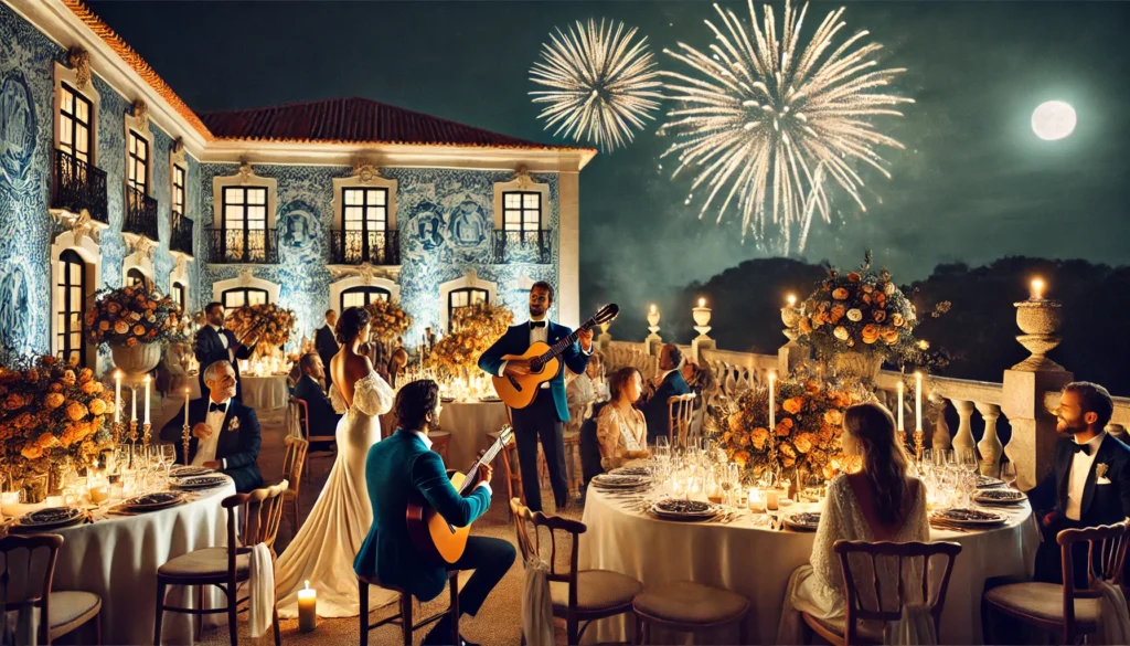 A luxurious outdoor evening celebration with elegantly dressed guests, a beautiful floral centerpiece, and fireworks lighting up the night sky.