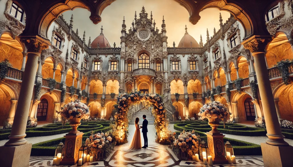 A couple stands in an ornate courtyard adorned with flowers and candles, under a sunset sky, framed by grand architecture.