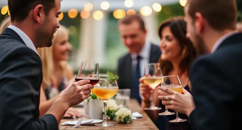 A group of elegantly dressed individuals toasting with various cocktails at a beautifully decorated table, under warm string lights.