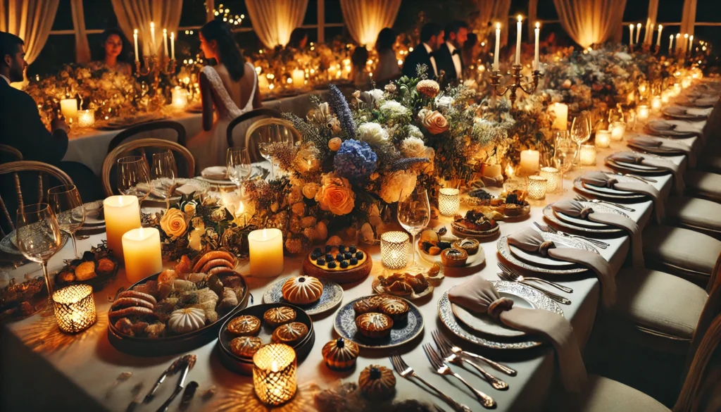 An elegant dinner table adorned with lit candles, vibrant floral arrangements, and an array of delicious desserts, creating a warm ambiance.