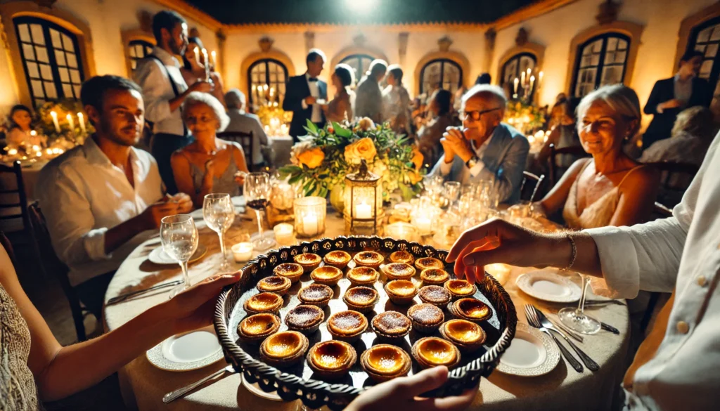 A beautifully set dining table adorned with candles and flowers, as a hand offers a tray of small desserts to guests.