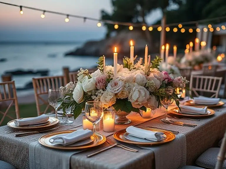A beautifully set outdoor dining table adorned with floral centerpieces, candles, and sparkling string lights against a sunset backdrop.