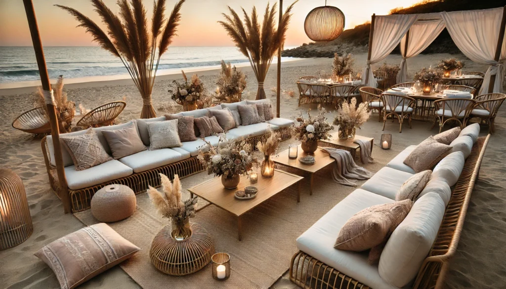 A beautifully arranged beachside lounge with plush seating, elegant decor, and soft lighting, set against a stunning sunset backdrop.