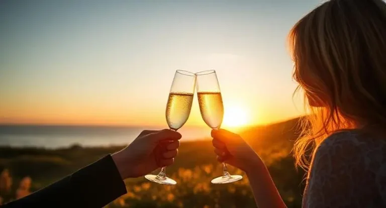 A couple clinks champagne glasses at sunset, silhouetted against a serene beach backdrop, celebrating a special moment together.