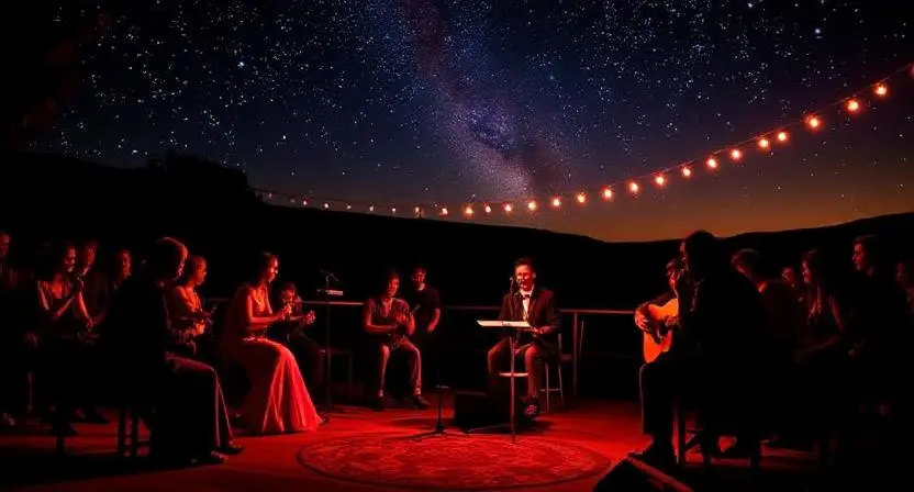 An intimate gathering under a starry sky, with a performer seated at a table, surrounded by an audience enjoying the evening.