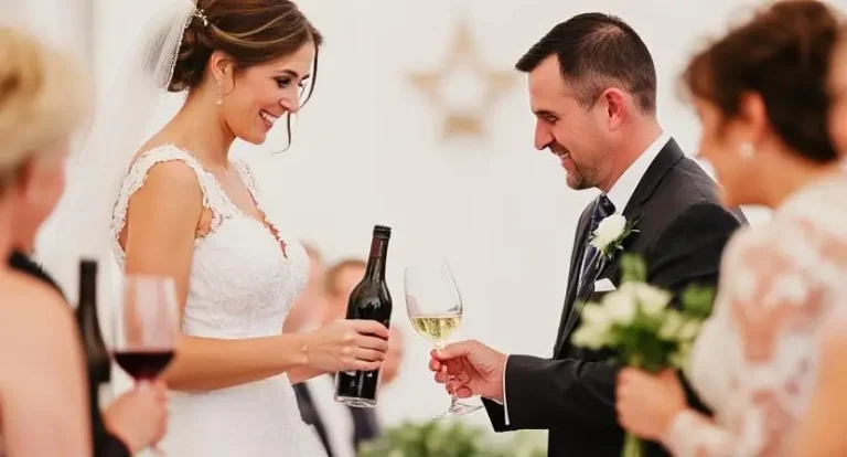 A bride in a white gown and veil pours wine for a groom in a black suit, surrounded by guests holding glasses at a wedding celebration.
