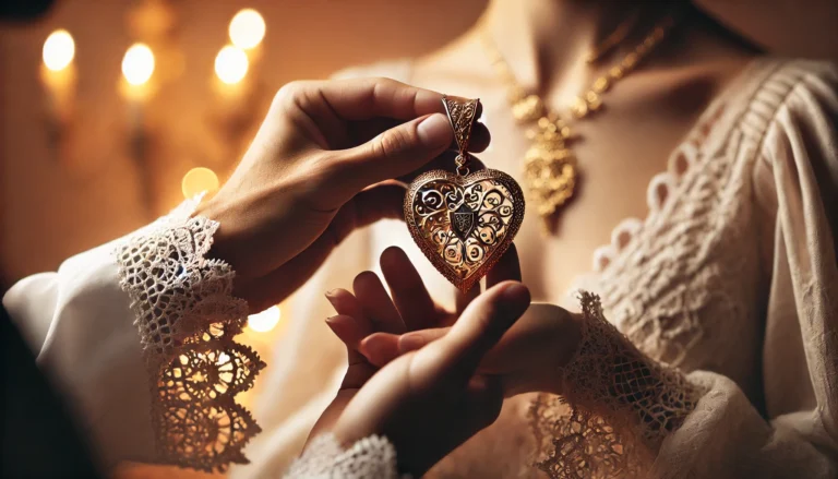 Close-up of two hands exchanging a heart-shaped, intricate gold pendant, illuminated by warm candlelight, with elegant lace details.