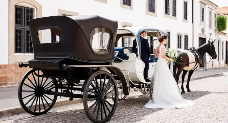 A bride in a flowing white dress stands beside a classic horse-drawn carriage, with a groom inside, in a picturesque street setting.