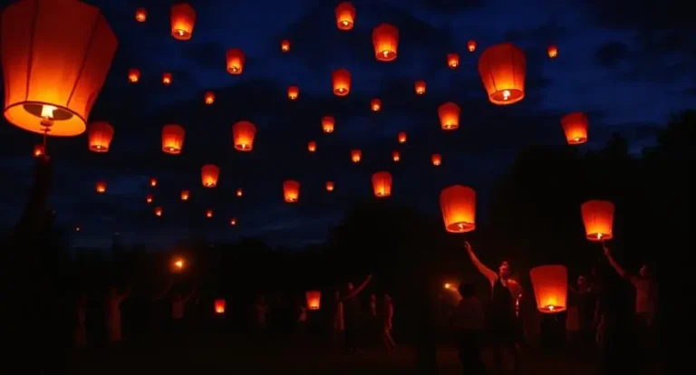 A night scene filled with floating orange lanterns illuminating the dark sky, while people joyfully release more lanterns below.