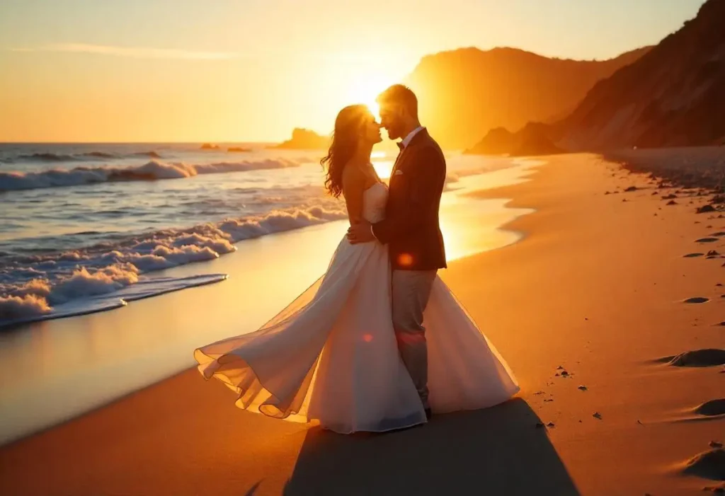 A couple in wedding attire shares a romantic moment on a sunset beach, the sun illuminating them and the ocean waves gently lapping nearby.