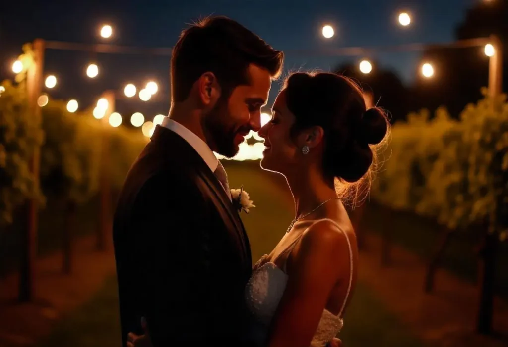 A couple shares an intimate moment in a vineyard, surrounded by soft, glowing lights at dusk.