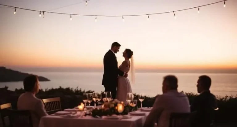 A bride and groom share a romantic kiss at sunset, with a beautifully set table and guests enjoying the view in the foreground.